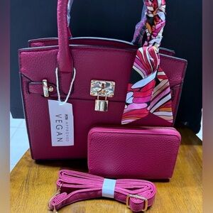 NWT 4PC Vegan Leather Magenta Handbag Set with Crossbody Strap, Wallet & Twilly